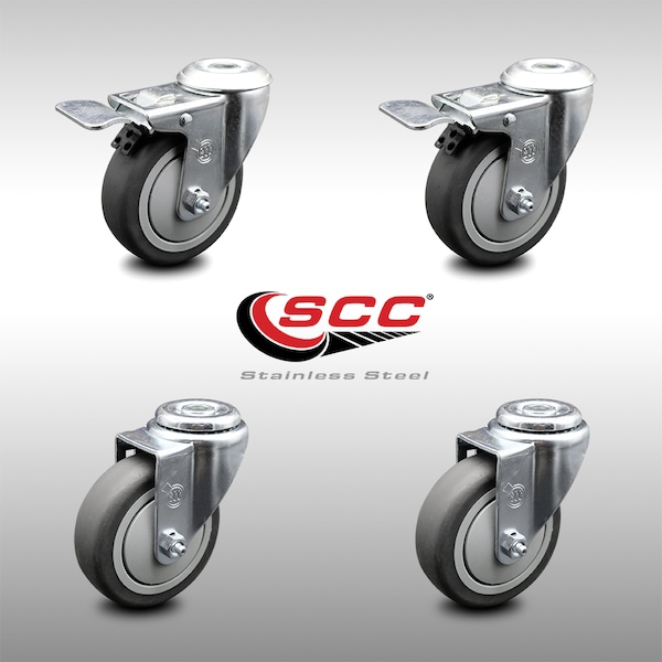 4 Inch SS Thermoplastic Rubber Bolt Hole Caster Set with 2 Total Lock Brake SCC